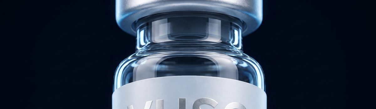 Macro detail of a VUSO Labs vial: the powder-blue flip cap, brushed silver crimp collar and glass shoulder, with the VUSO LABS wordmark on the label below.