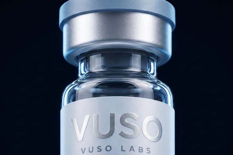 Macro detail of a VUSO Labs vial: powder-blue flip cap, brushed silver crimp collar and glass shoulder, with the VUSO LABS wordmark below.
